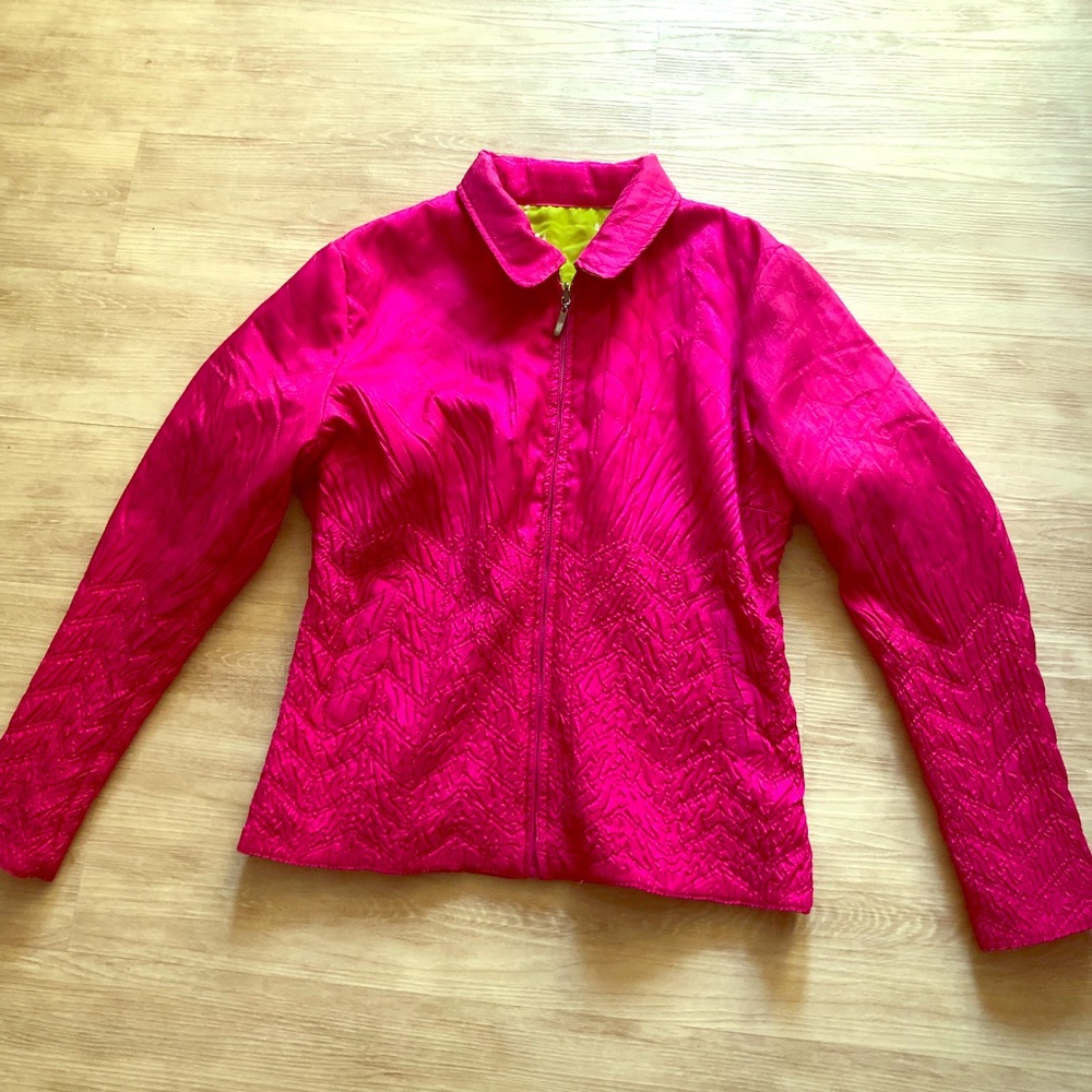 Reversible jacket raspberry to lime print spring